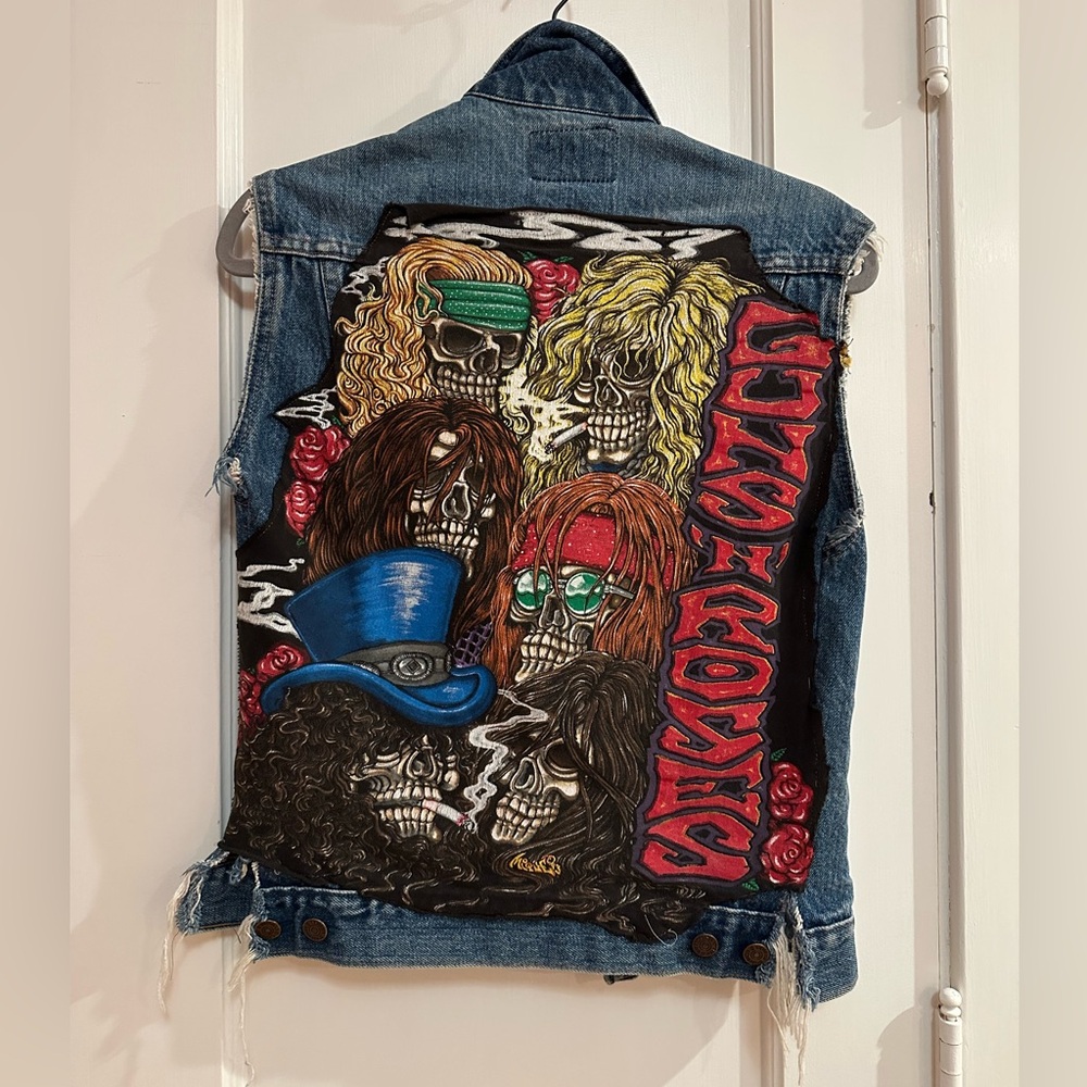 Custom 1994 Guns N' Roses Stacked Skulls denim vest sz S *VINTAGE ONE OF A KIND* - Picture 3 of 12